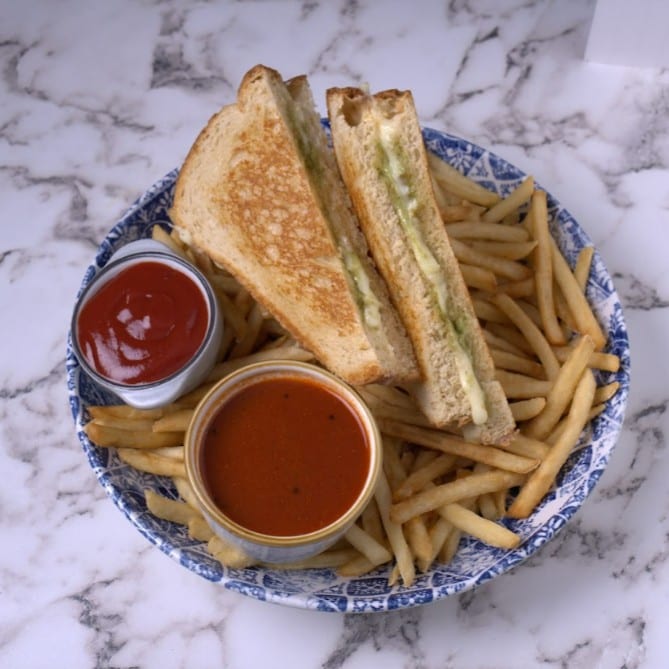 Grilled Cheese with Tomato Rasam (Soup).