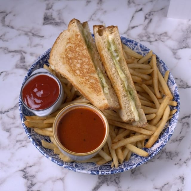 Grilled Cheese with Tomato Rasam (Soup).